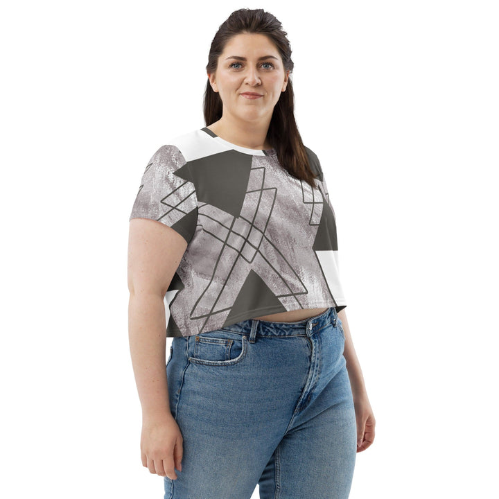 Womens Stretch Fit Crop Tee T-shirt Jersey - Ash Grey and White Triangular