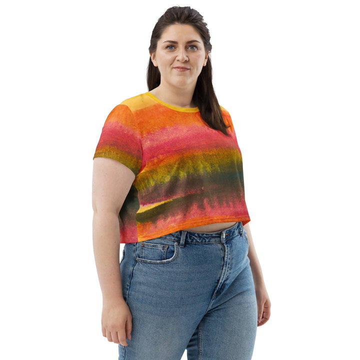 Womens Stretch Fit Crop Tee T-shirt Jersey - Autumn Fall Watercolor Abstract