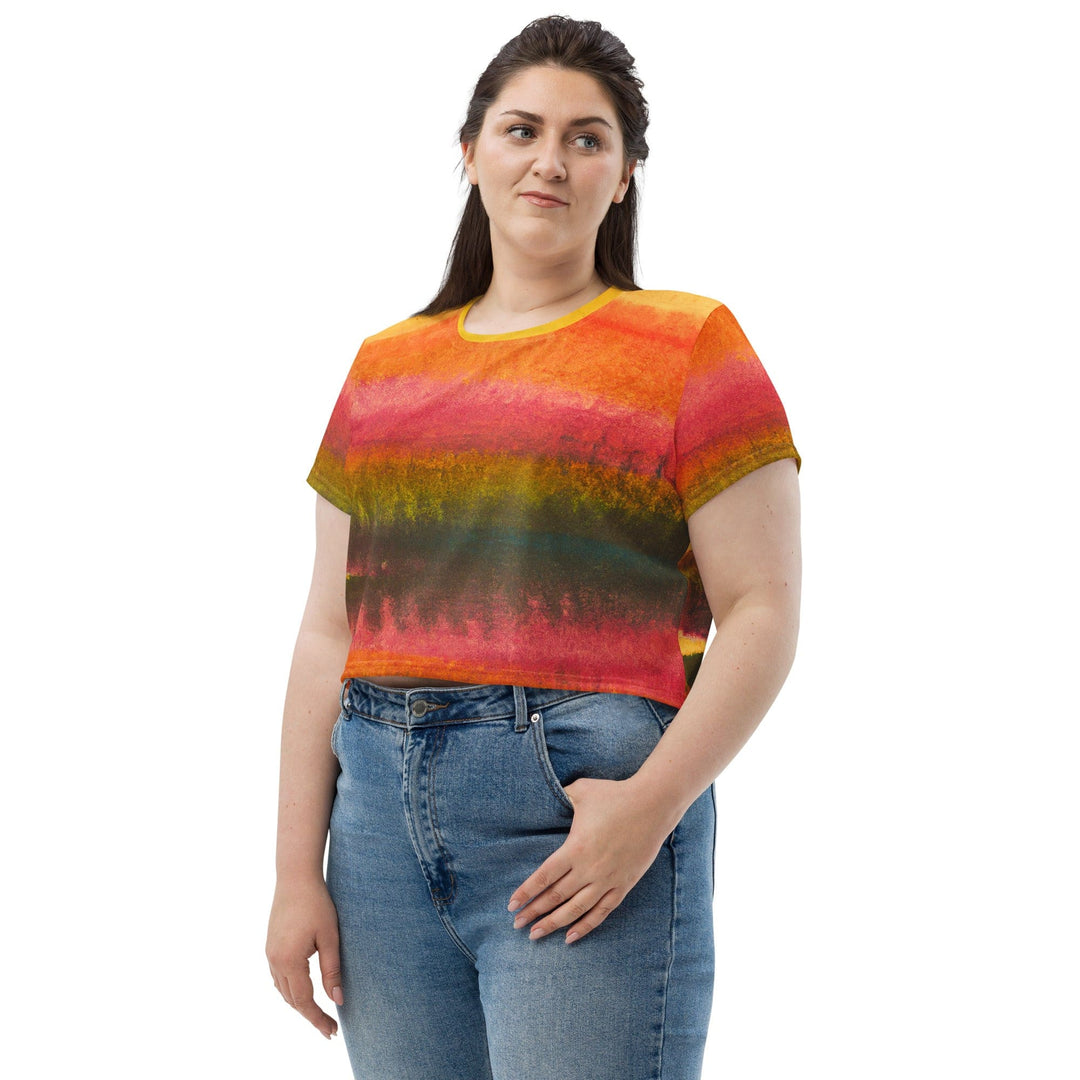 Womens Stretch Fit Crop Tee T-shirt Jersey - Autumn Fall Watercolor Abstract