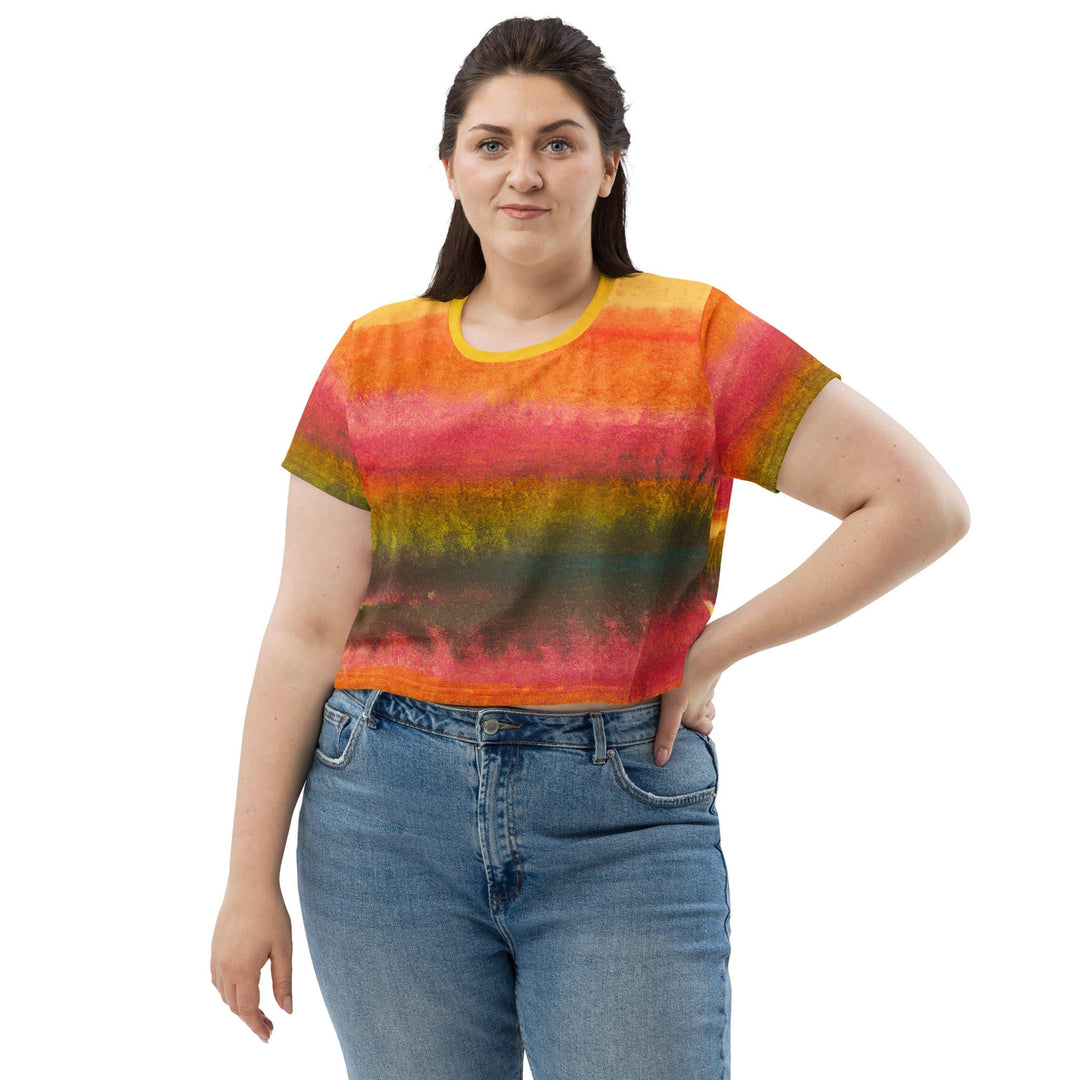Womens Stretch Fit Crop Tee T-shirt Jersey - Autumn Fall Watercolor Abstract