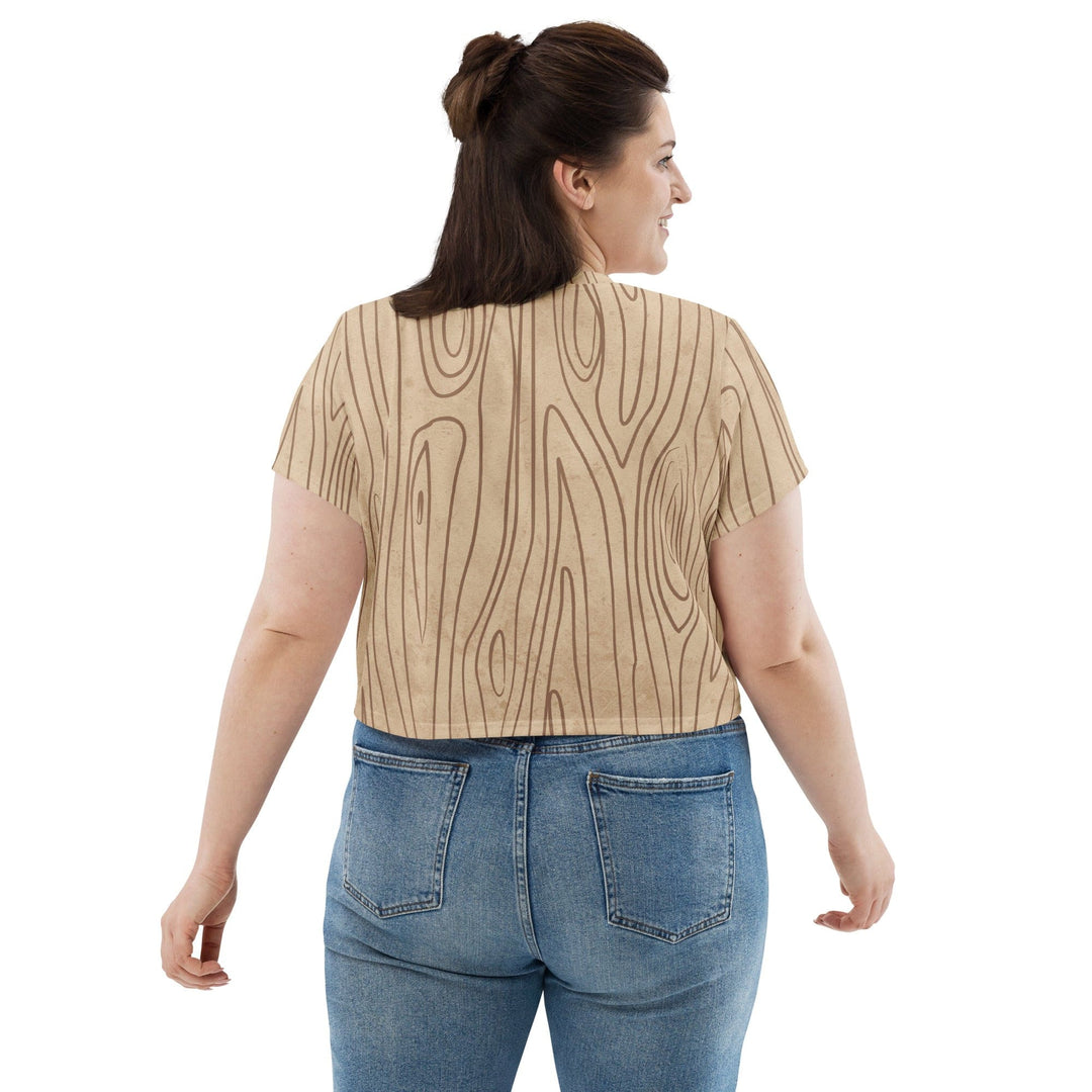 Womens Stretch Fit Crop Tee T-shirt Jersey - Beige Brown Tree Sketch Lines