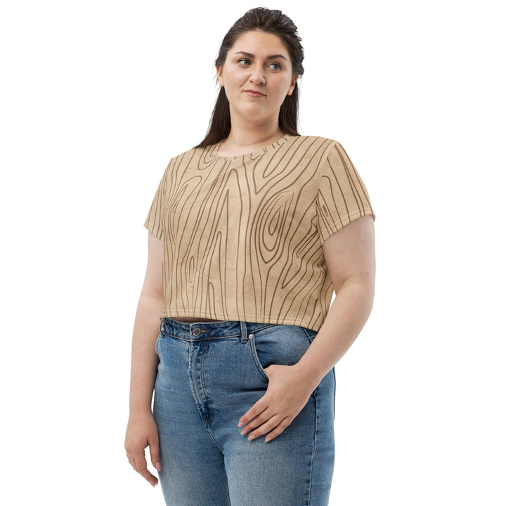 Womens Stretch Fit Crop Tee T-shirt Jersey - Beige Brown Tree Sketch Lines