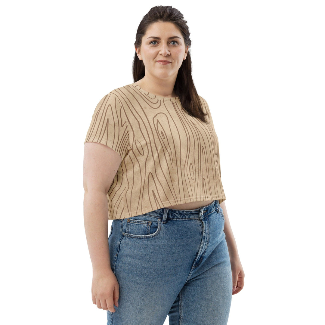 Womens Stretch Fit Crop Tee T-shirt Jersey - Beige Brown Tree Sketch Lines