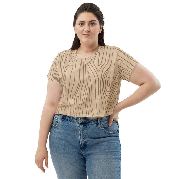 Womens Stretch Fit Crop Tee T-shirt Jersey - Beige Brown Tree Sketch Lines