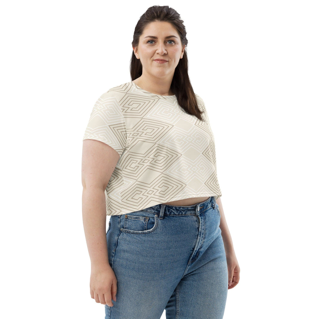 Womens Stretch Fit Crop Tee T-shirt Jersey - Beige Brown Aztec Geometric Lines