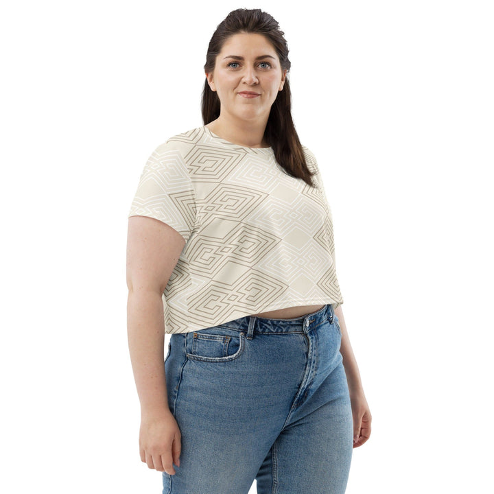 Womens Stretch Fit Crop Tee T-shirt Jersey - Beige Brown Aztec Geometric Lines