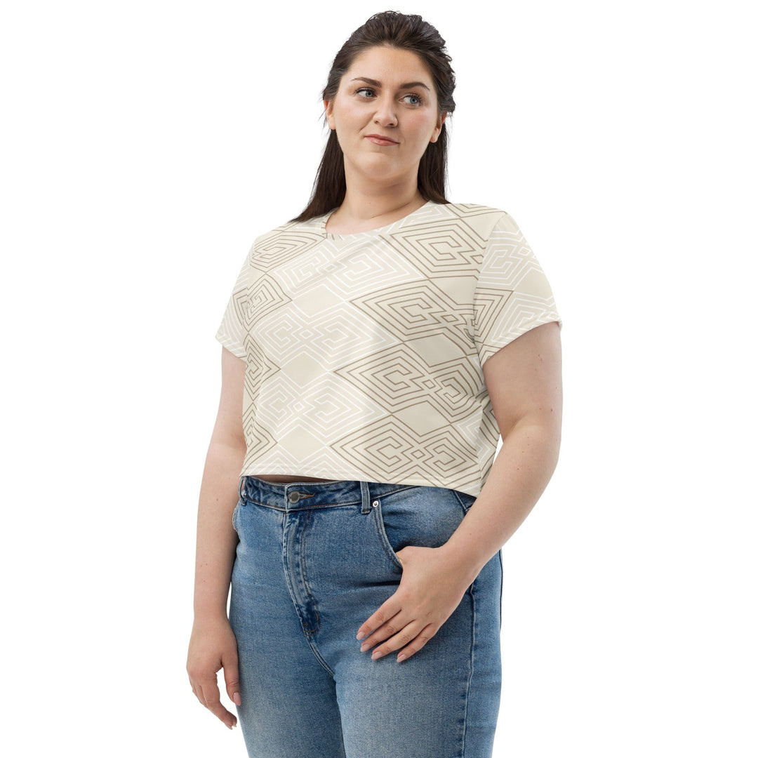 Womens Stretch Fit Crop Tee T-shirt Jersey - Beige Brown Aztec Geometric Lines