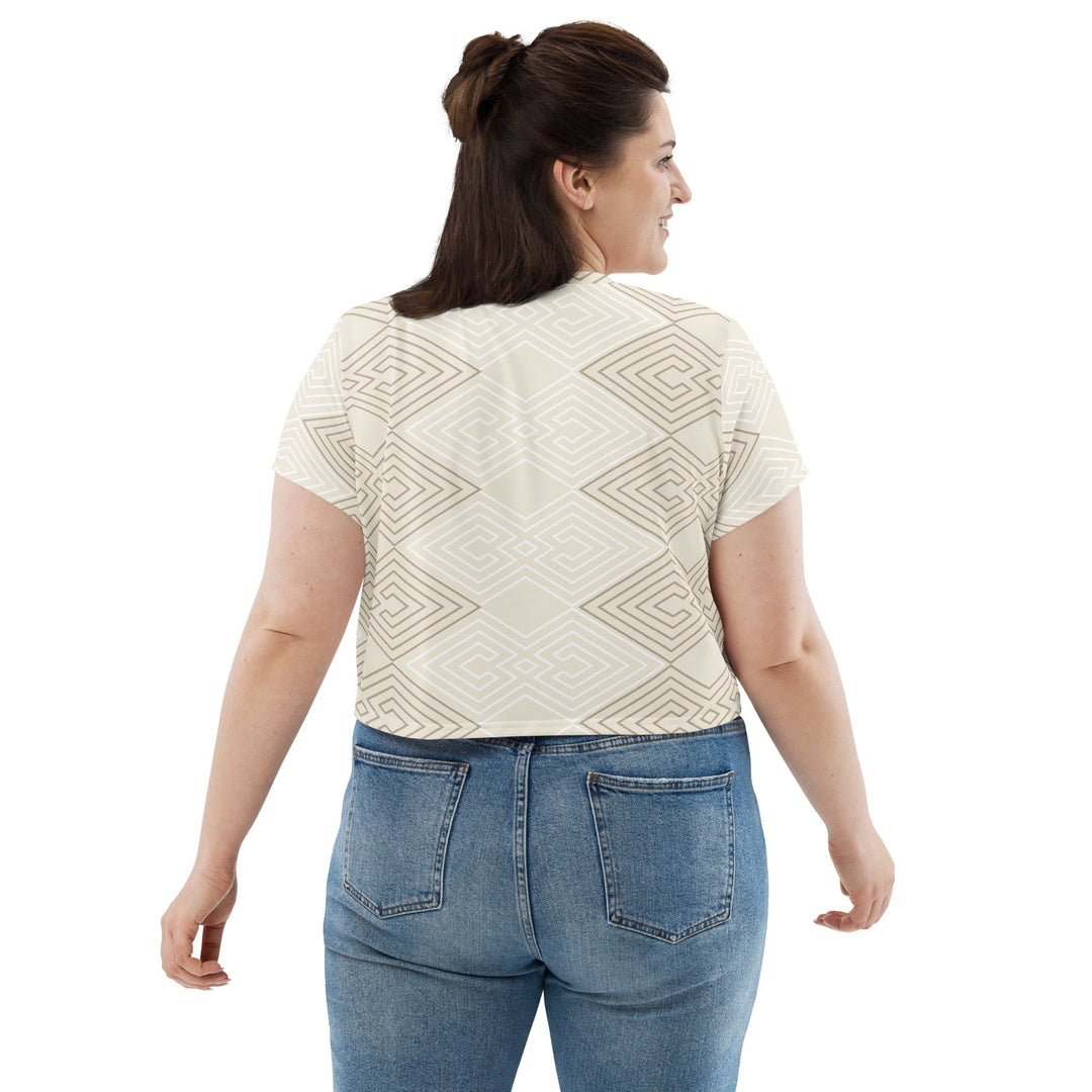 Womens Stretch Fit Crop Tee T-shirt Jersey - Beige Brown Aztec Geometric Lines