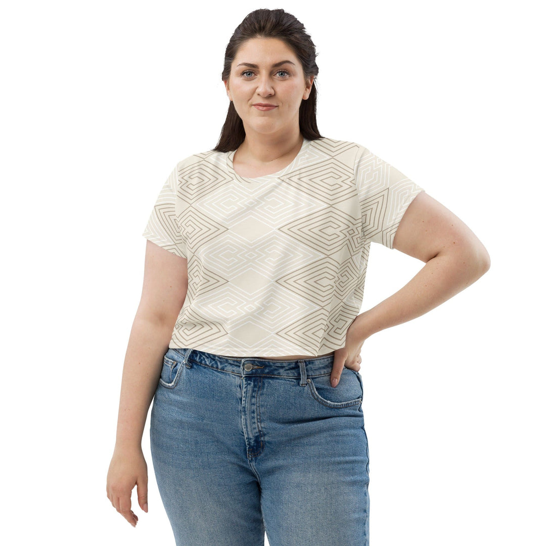 Womens Stretch Fit Crop Tee T-shirt Jersey - Beige Brown Aztec Geometric Lines