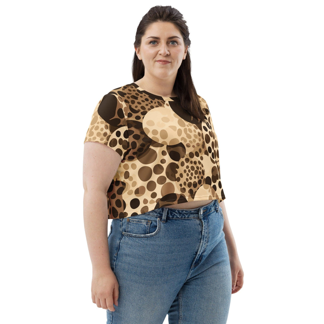 Womens Stretch Fit Crop Tee T-shirt Jersey - Beige Brown Spotted Print