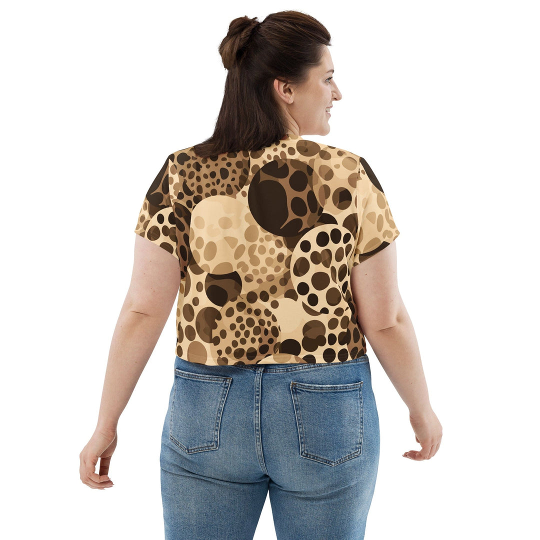 Womens Stretch Fit Crop Tee T-shirt Jersey - Beige Brown Spotted Print