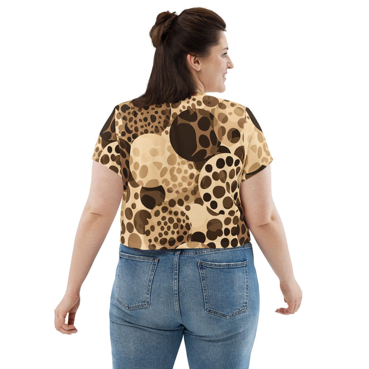 Womens Stretch Fit Crop Tee T-shirt Jersey - Beige Brown Spotted Print