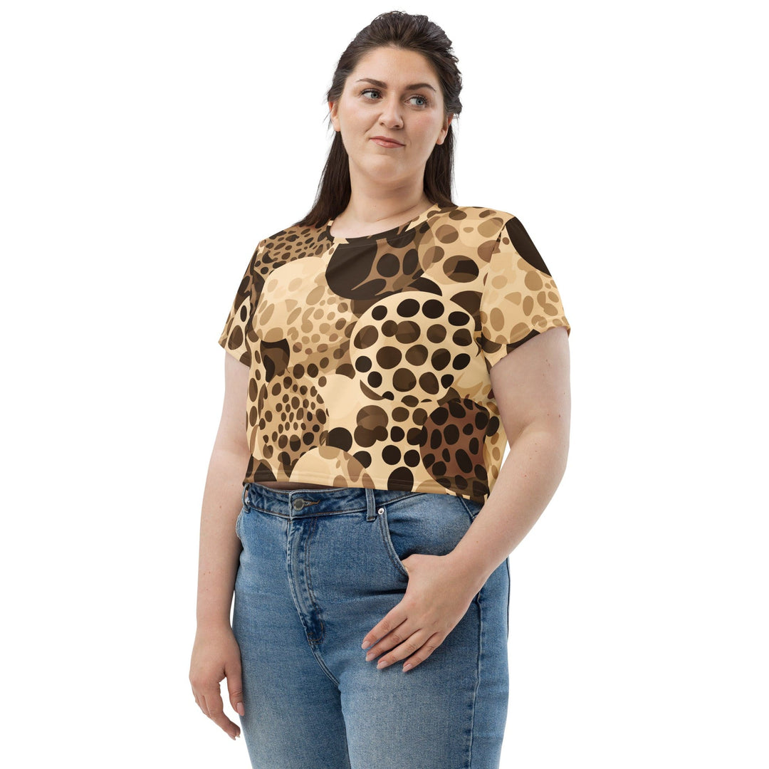 Womens Stretch Fit Crop Tee T-shirt Jersey - Beige Brown Spotted Print