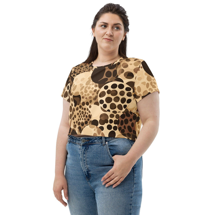 Womens Stretch Fit Crop Tee T-shirt Jersey - Beige Brown Spotted Print