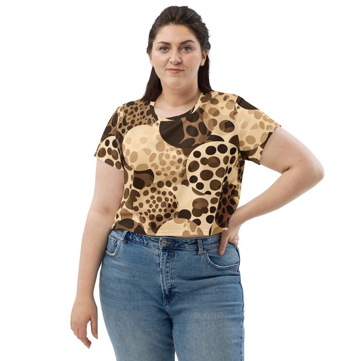 Womens Stretch Fit Crop Tee T-shirt Jersey - Beige Brown Spotted Print