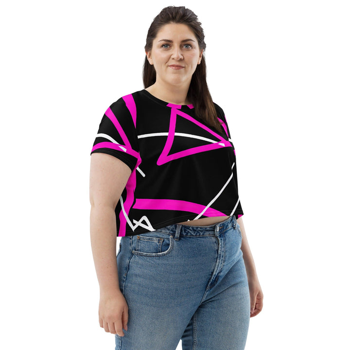 Womens Stretch Fit Crop Tee T-shirt Jersey - Black and Pink Pattern