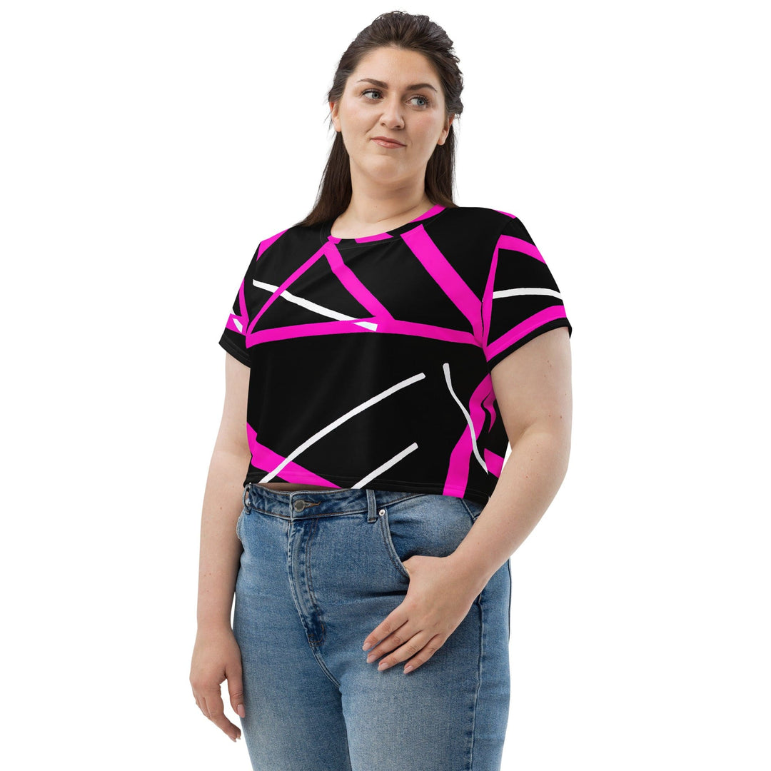 Womens Stretch Fit Crop Tee T-shirt Jersey - Black and Pink Pattern