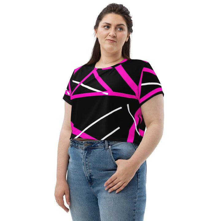 Womens Stretch Fit Crop Tee T-shirt Jersey - Black and Pink Pattern