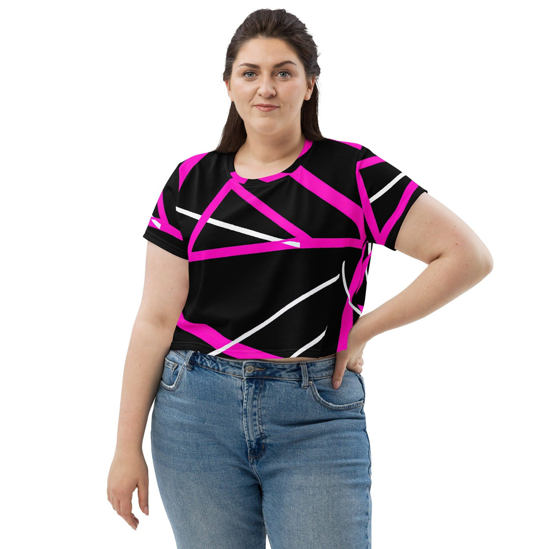 Womens Stretch Fit Crop Tee T-shirt Jersey - Black and Pink Pattern