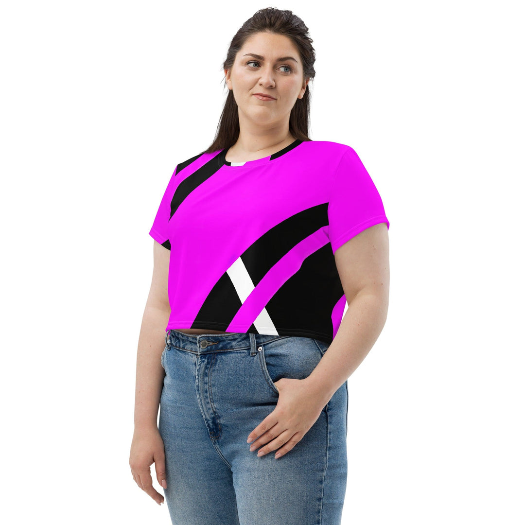 Womens Stretch Fit Crop Tee T-shirt Jersey - Black and Pink Pattern
