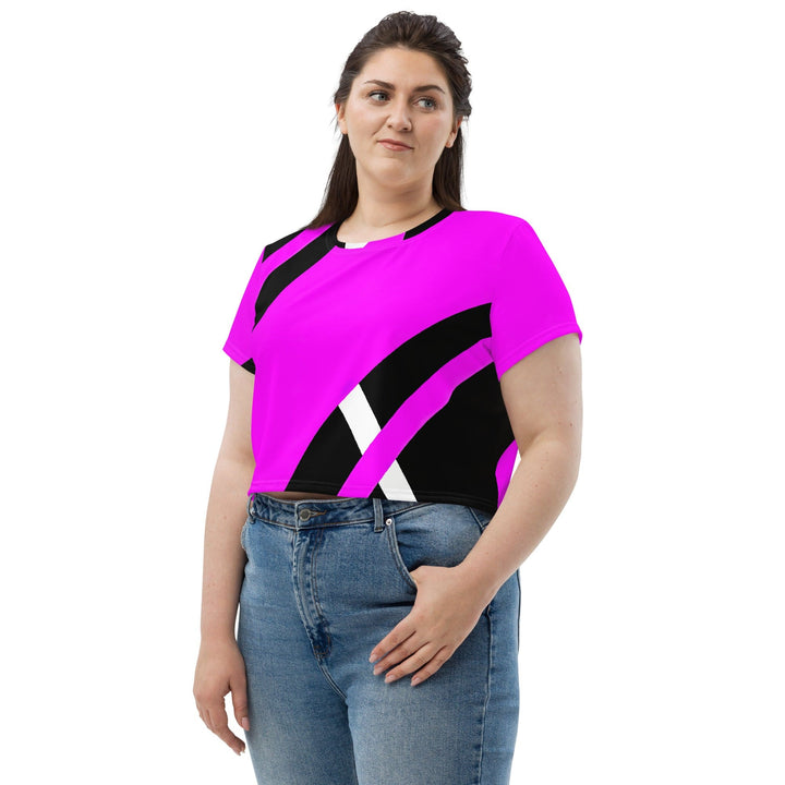 Womens Stretch Fit Crop Tee T-shirt Jersey - Black and Pink Pattern
