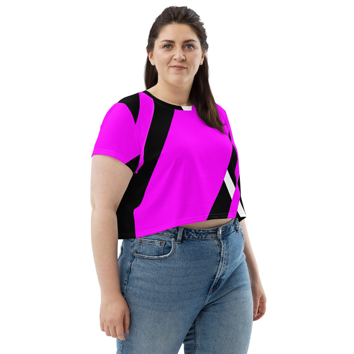 Womens Stretch Fit Crop Tee T-shirt Jersey - Black and Pink Pattern