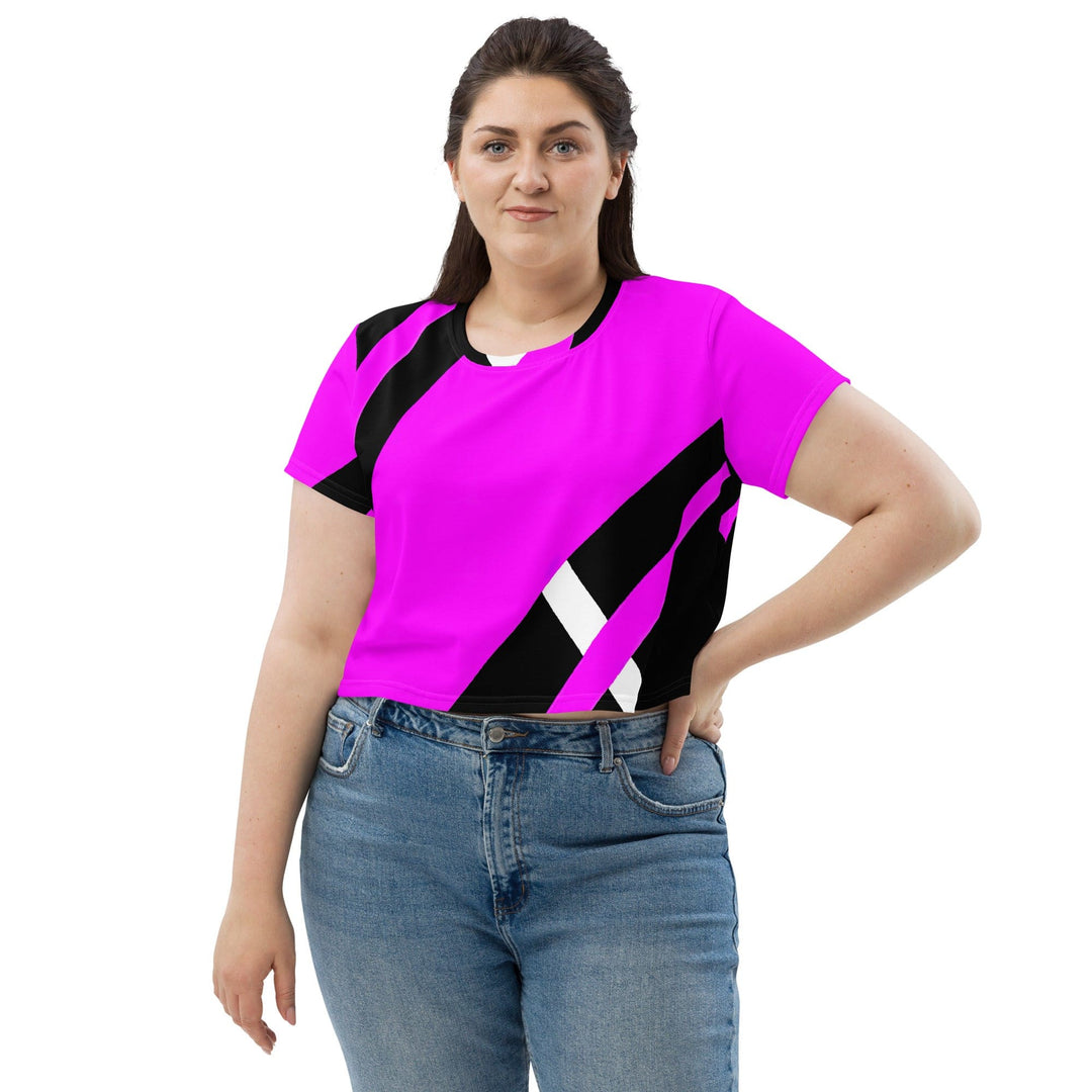 Womens Stretch Fit Crop Tee T-shirt Jersey - Black and Pink Pattern