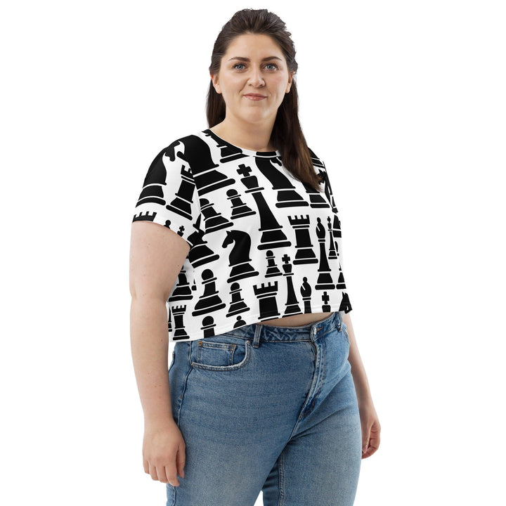 Womens Stretch Fit Crop Tee T-shirt Jersey - Black and White Chess Print