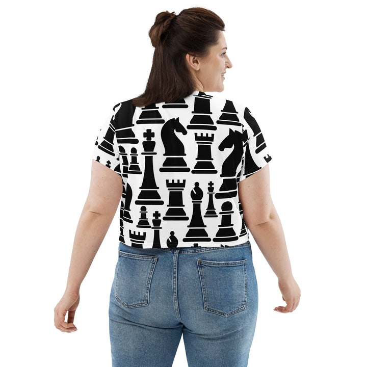 Womens Stretch Fit Crop Tee T-shirt Jersey - Black and White Chess Print