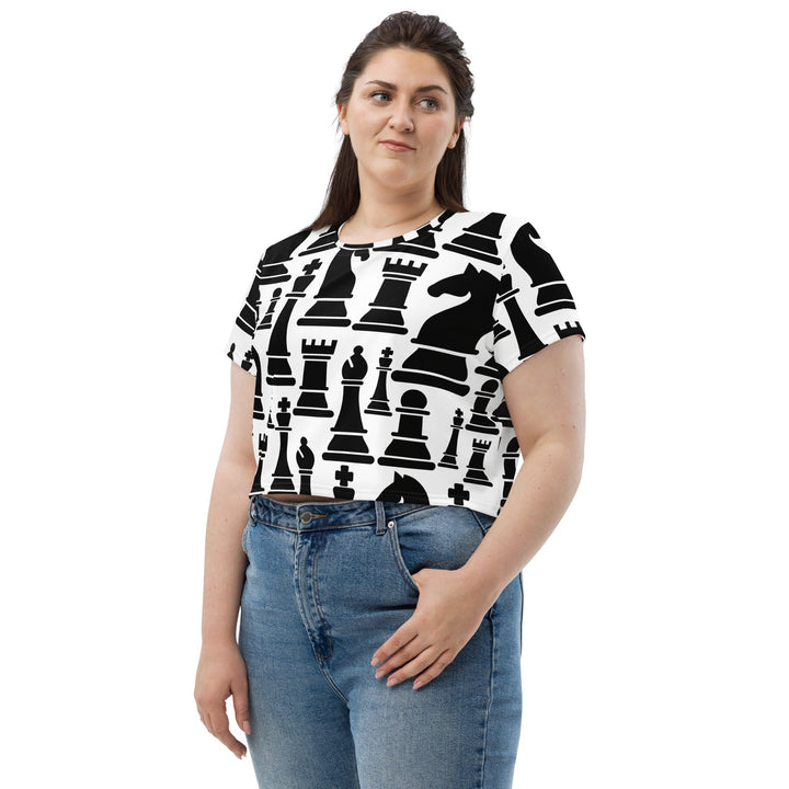 Womens Stretch Fit Crop Tee T-shirt Jersey - Black and White Chess Print