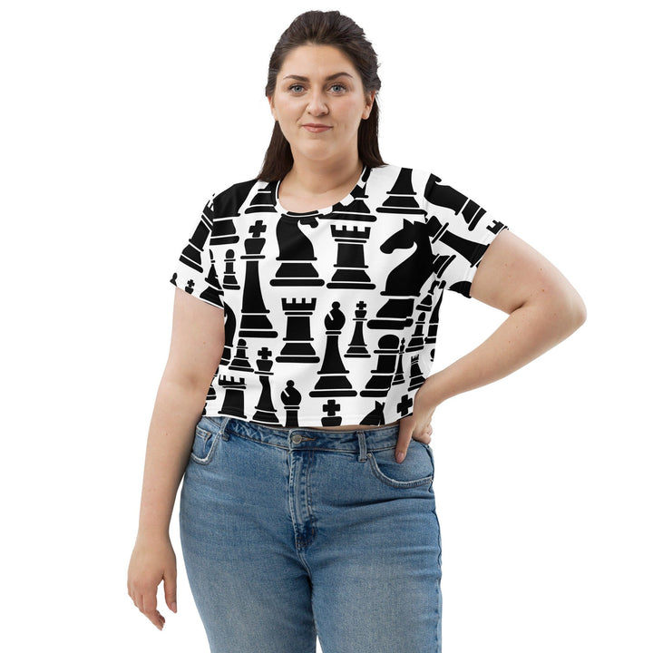 Womens Stretch Fit Crop Tee T-shirt Jersey - Black and White Chess Print