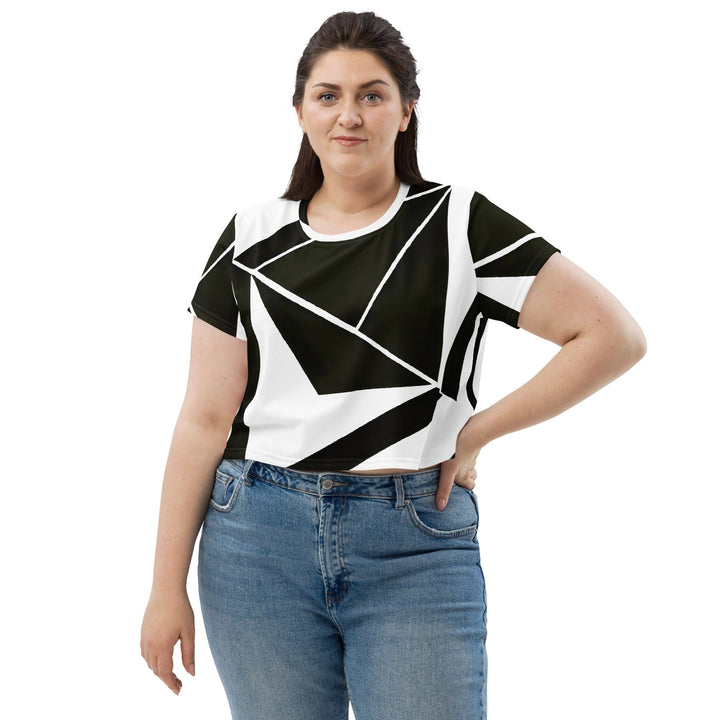 Womens Stretch Fit Crop Tee T-shirt Jersey - Black and White Geometric Pattern