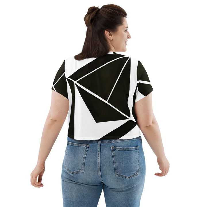 Womens Stretch Fit Crop Tee T-shirt Jersey - Black and White Geometric Pattern