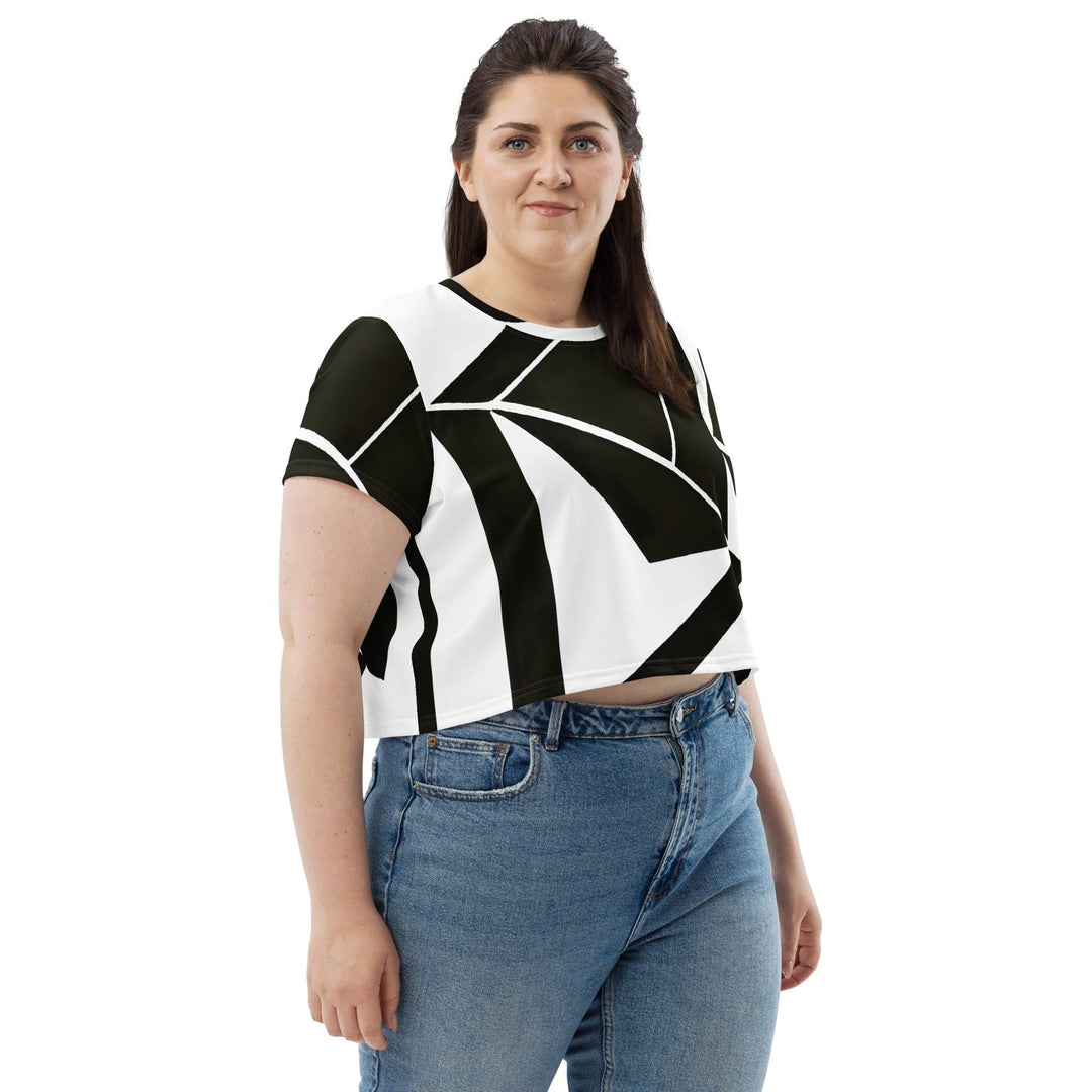 Womens Stretch Fit Crop Tee T-shirt Jersey - Black and White Geometric Pattern