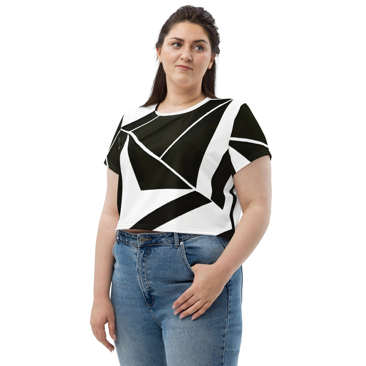 Womens Stretch Fit Crop Tee T-shirt Jersey - Black and White Geometric Pattern