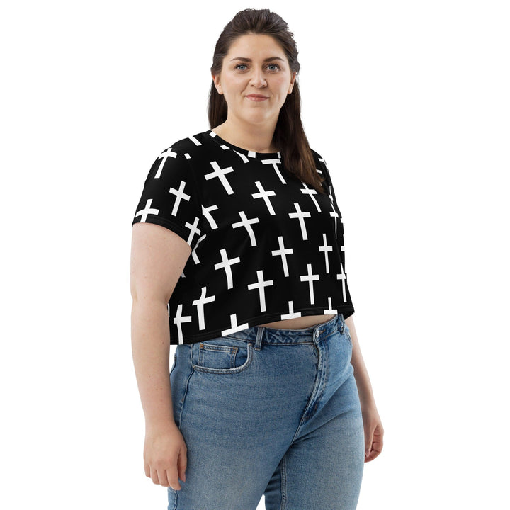 Womens Stretch Fit Crop Tee T-shirt Jersey - Black White Cross Print