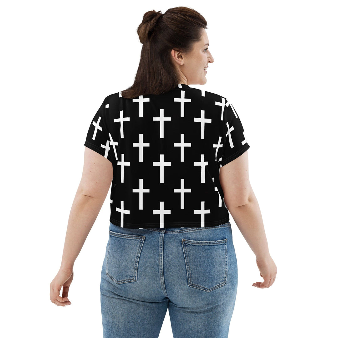 Womens Stretch Fit Crop Tee T-shirt Jersey - Black White Cross Print