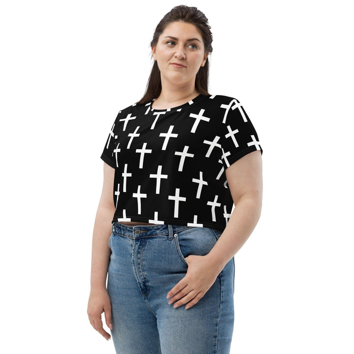 Womens Stretch Fit Crop Tee T-shirt Jersey - Black White Cross Print