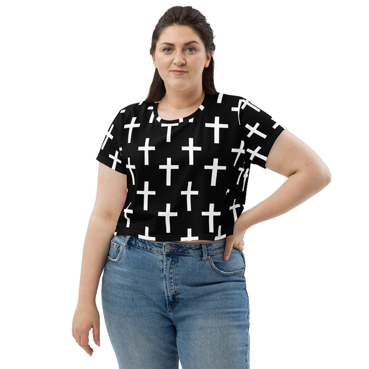 Womens Stretch Fit Crop Tee T-shirt Jersey - Black White Cross Print