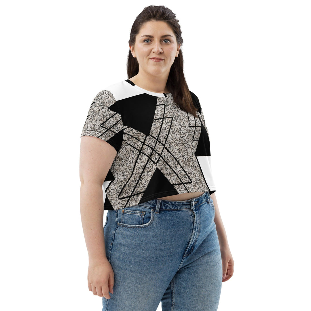 Womens Stretch Fit Crop Tee T-shirt Jersey - Black and White Triangular