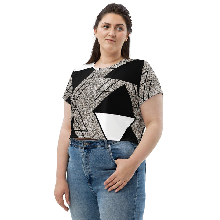 Womens Stretch Fit Crop Tee T-shirt Jersey - Black and White Triangular