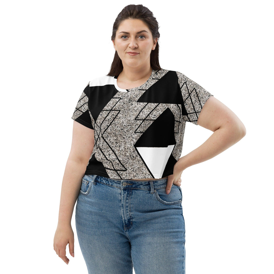 Womens Stretch Fit Crop Tee T-shirt Jersey - Black and White Triangular