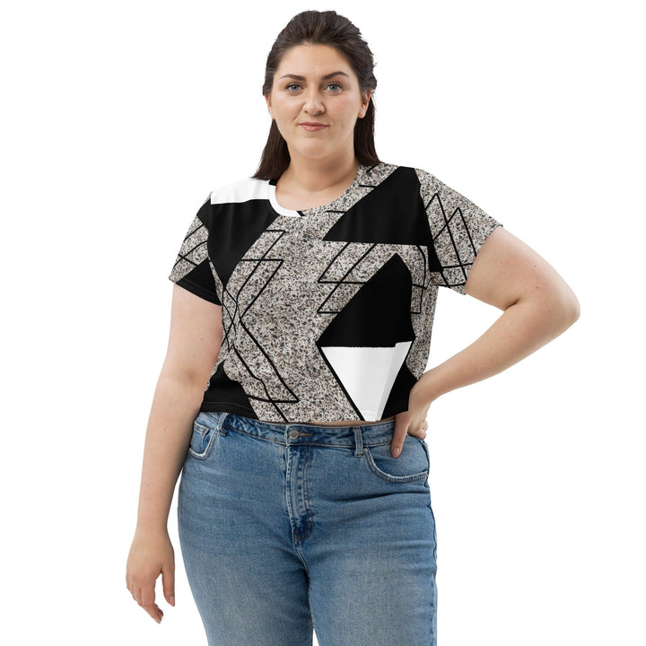 Womens Stretch Fit Crop Tee T-shirt Jersey - Black and White Triangular