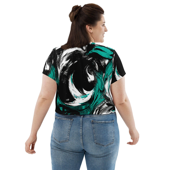 Womens Stretch Fit Crop Tee T-shirt Jersey - Black Green White Abstract Pattern
