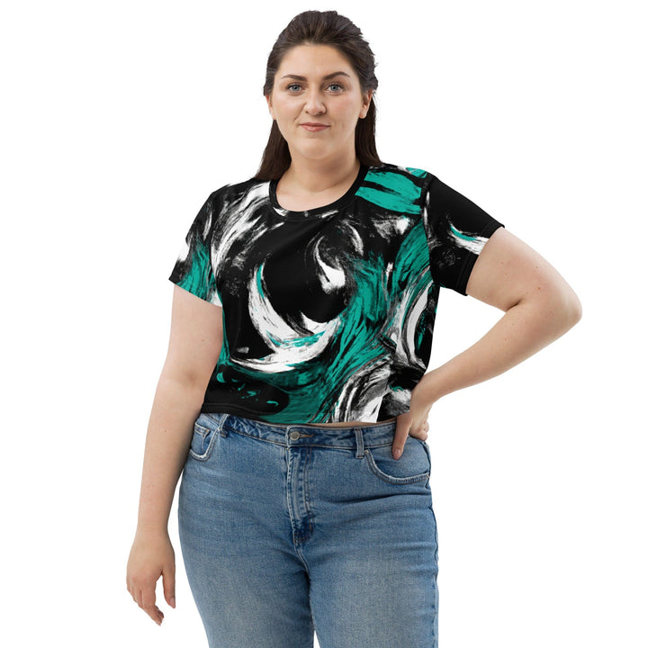 Womens Stretch Fit Crop Tee T-shirt Jersey - Black Green White Abstract Pattern