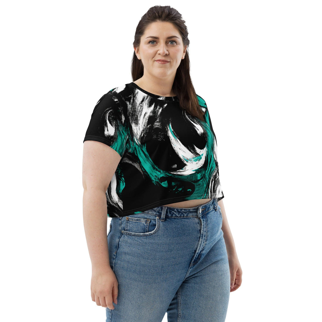 Womens Stretch Fit Crop Tee T-shirt Jersey - Black Green White Abstract Pattern