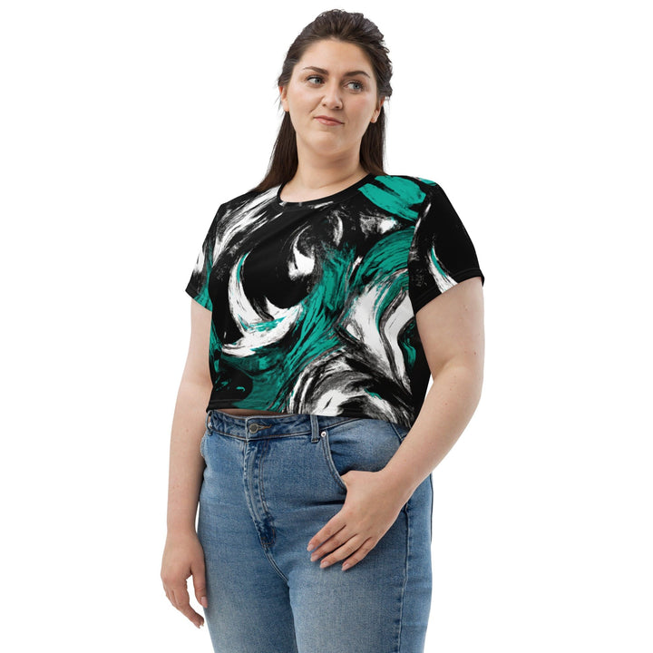 Womens Stretch Fit Crop Tee T-shirt Jersey - Black Green White Abstract Pattern