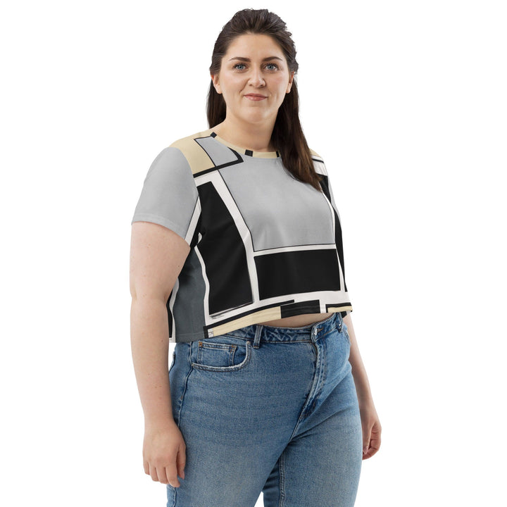 Womens Stretch Fit Crop Tee T-shirt Jersey - Black Grey Abstract Pattern