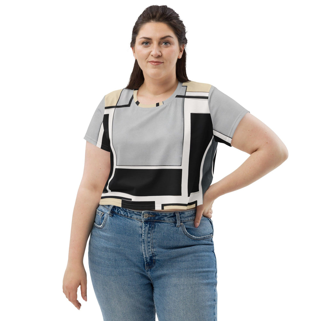 Womens Stretch Fit Crop Tee T-shirt Jersey - Black Grey Abstract Pattern