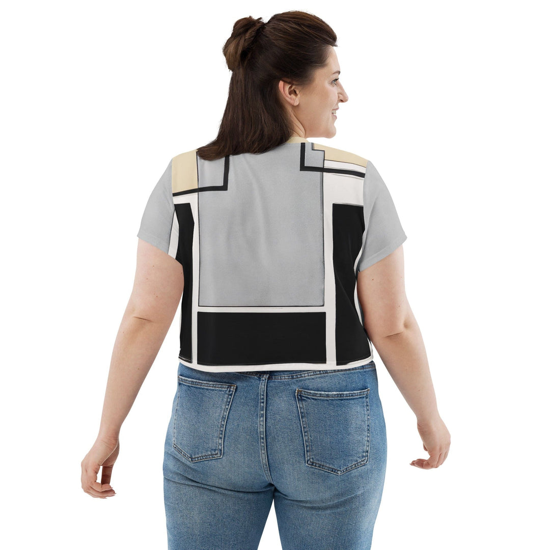 Womens Stretch Fit Crop Tee T-shirt Jersey - Black Grey Abstract Pattern